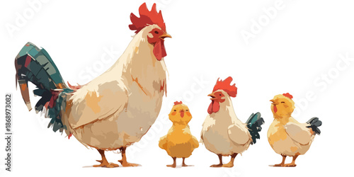白い背景に立つ、親鳥とひよこが並んだ可愛らしい鶏の家族のイラストレーション。透明感のあるデザインで、農場や動物のテーマ、または子供向けのコンテンツに最適なベクター素材です。