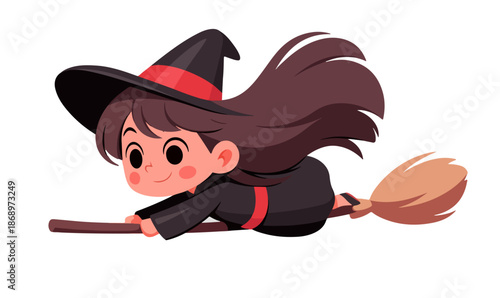 ハロウィンの魔法の世界から飛び出したような、ほうきに乗って空を飛ぶ可愛い魔女の女の子のベクターイラスト。透明背景で、子供向けのイベントやデザインに最適な楽しいキャラクターです。