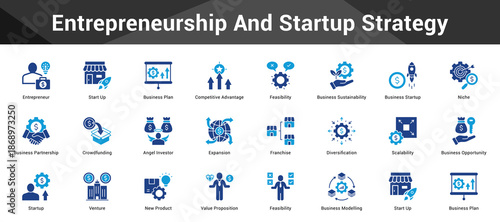 Entrepreneurship And Startup Strategy Cohesive set of minimalist vector icons representing key ideas with visual clarity