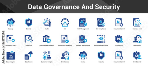 Data Governance And Security Cohesive set of minimalist vector icons representing key ideas with visual clarity