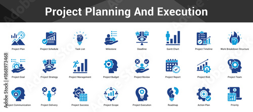 Project Planning And Execution Cohesive set of minimalist vector icons representing key ideas with visual clarity