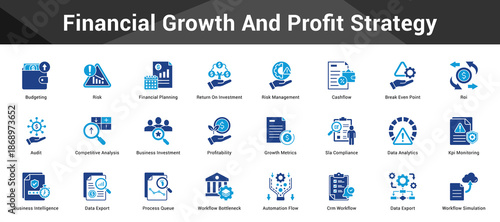 Financial Growth And Profit Strategy Cohesive set of minimalist vector icons representing key ideas with visual clarity