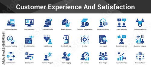 Customer Experience And Satisfaction Cohesive set of minimalist vector icons representing key ideas with visual clarity