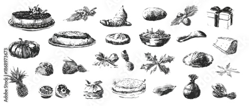 様々な食材や料理、デザートを手描きスケッチで表現した白黒イラストコレクション。デザイン素材として活用できる透明感のあるビンテージ風セット。