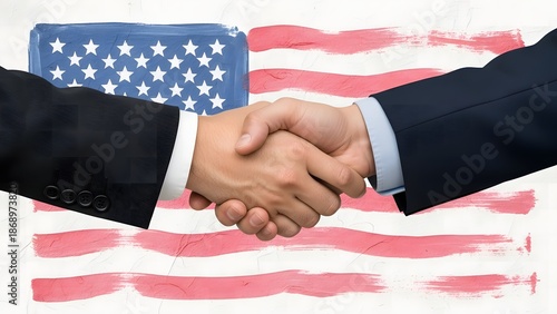 Independence Day: Business Handshake over American Flag Background