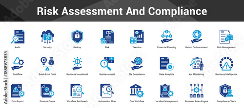 Risk Assessment And Compliance Cohesive set of minimalist vector icons representing key ideas with visual clarity