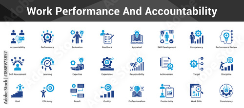 Work Performance And Accountability Cohesive set of minimalist vector icons representing key ideas with visual clarity