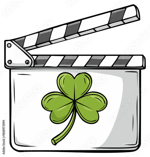 Cartoon Movie Clapperboard with a Green Shamrock Symbol for Saint Patricks Day