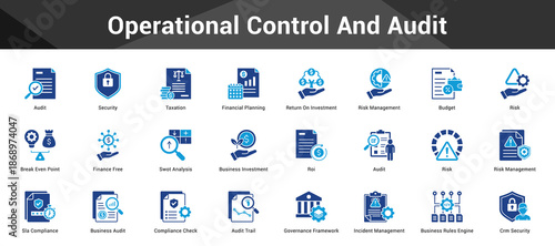Operational Control And Audit Cohesive set of minimalist vector icons representing key ideas with visual clarity