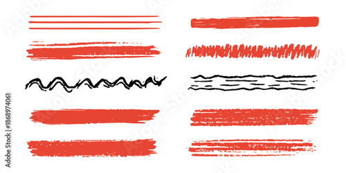 様々な手描きの赤と黒の線、波線、ブラシストローク、下線、落書きが透明な背景に描かれたデザイン素材のセット。