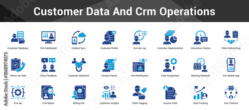 Customer Data And Crm Operations Cohesive set of minimalist vector icons representing key ideas with visual clarity