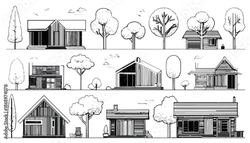 現代的な家屋と自然の木々が調和した、白黒の線画イラストコレクション。都市開発や住宅デザインのコンセプトに最適な、多様な建築様式を表現しています。