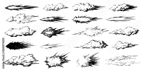 手描きで描かれた、動きや爆発、煙を表現する漫画風の白黒エフェクトセット。透明な背景で様々なシーンに活用できる。