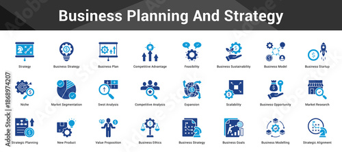 Business Planning And Strategy Cohesive set of minimalist vector icons representing key ideas with visual clarity