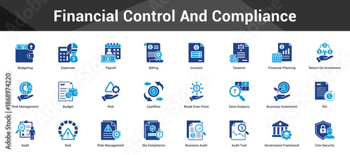 Financial Control And Compliance Cohesive set of minimalist vector icons representing key ideas with visual clarity