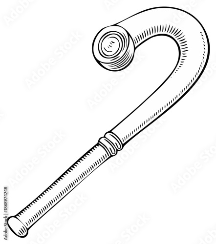 Line art of a walking cane or hiking stick with rounded handle