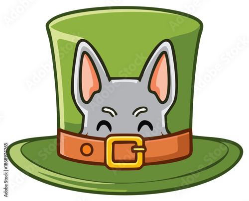 Cartoon Cat in St. Patrick's Day Green Top Hat with Buckle