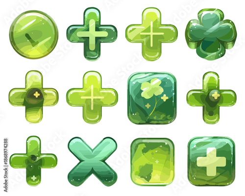 ウェブデザインやアプリ開発に活用できる、透明感と光沢が美しい緑色のプラス記号、チェックマーク、バツ印、クローバーのモチーフを含むUIアイコンセット。