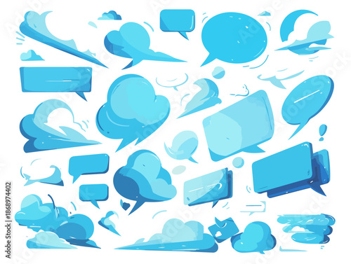 透明な背景に様々な形をした青い吹き出しと雲のコレクション。会話、思考、感情、スピード感を表現するウェブデザインやグラフィック用のクリエイティブなベクトル素材。