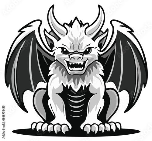 Monochrome gargoyle vector illustration with menacing grin and formidable wings