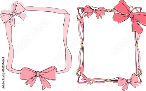 透明な背景に、愛らしいピンクのリボンと弓で飾られた二つの装飾的なフレームが、メッセージや写真を優雅に引き立てます。