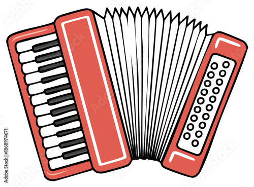 Red accordion musical instrument with piano keyboard and bellows