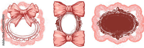 透明な背景に映える、ピンクのリボンと繊細なレースをあしらったアンティーク調の飾り枠が可愛らしい、招待状やデザインに最適なベクター装飾素材セット。