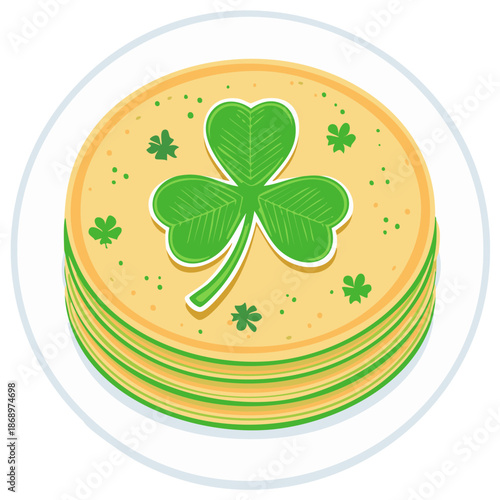 Festive stack of green pancakes decorated with shamrocks for a St Patricks Day breakfast