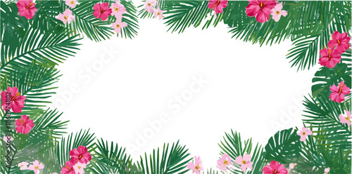 透明な中央スペースを囲むように、鮮やかなヤシの葉と赤いハイビスカスが咲き誇る、夏の南国をイメージした美しいボタニカルフレームデザイン。広告やグリーティングカードに最適です。