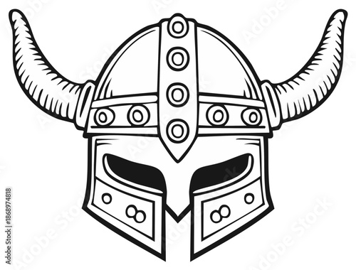 Stylized black and white illustration of a classic Viking warrior helmet with horns.