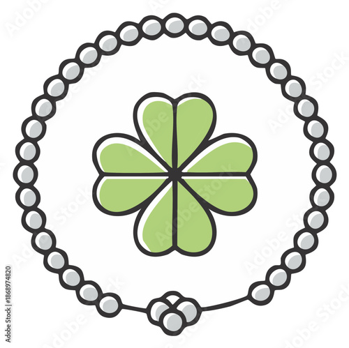 Four leaf clover luck talisman surrounded by necklace made of white pearls for St Patrick's Day decorations icon