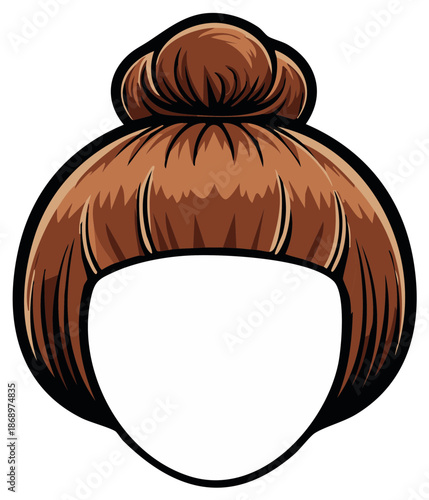 Cartoon woman's hairstyle with bun, brown hair, outline, graphic design element