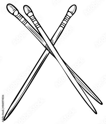 Three musical drumsticks crossed in an X shape, hand drawn outline cartoon vector illustration
