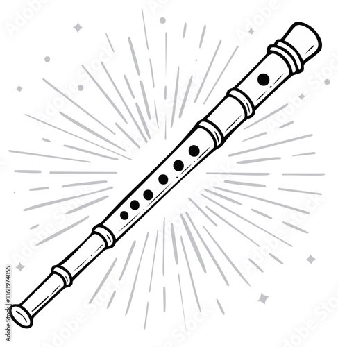 Black and white illustration of a musical instrument flute with a sunburst design.