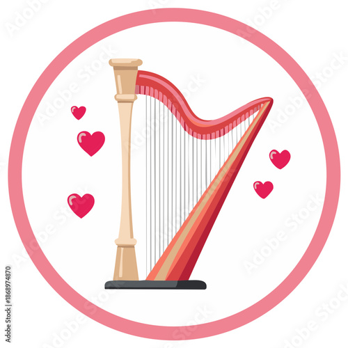 Harp with love hearts framed in pink circle romantic music concert recital instrument
