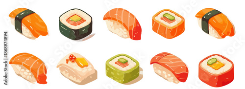 様々な種類の寿司と巻き寿司が透明な背景に描かれた、カラフルで魅力的なイラストコレクション。和食の多様性を表現し、メニューやデザイン素材に最適です。