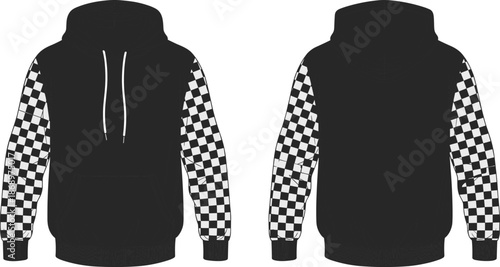 Men hoodie cad drawing, checkered sleeve sweatshirt technical sketch, front back view, flat vector illustration streetwear fashion design