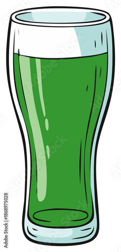 Cartoon illustration of a refreshing green drink in a tall glass perfect for beverages or celebrations