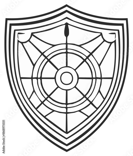 Outline of a Dharma Chakra symbol within a shield shape representing protection and balance
