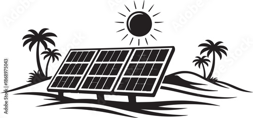 Solar panels in a tropical landscape isolated on white background, Vector, illustration