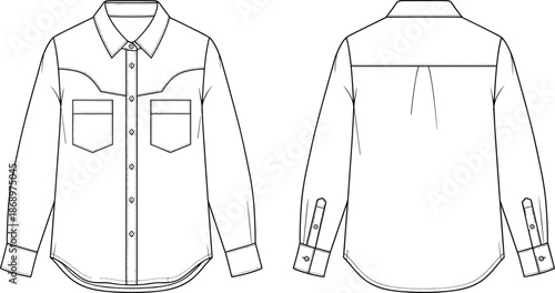 Men western shirt technical drawing, long sleeve button up garment, front and back view apparel, cad drawing flat vector illustration