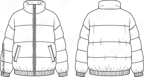 Men puffer jacket cad drawing, winter padded coat technical sketch, front back view, flat vector illustration apparel template fashion design