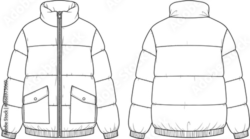 Puffer jacket CAD drawing, winter fashion flat vector illustration, insulated bomber coat, front and back view, technical apparel design template