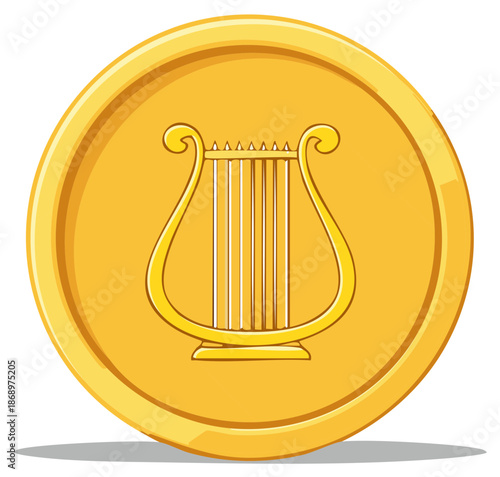 Golden coin with an embossed classical lyre, a symbol of music, art, and value