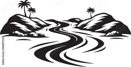 Winding river through tropical landscape isolated on white background, Vector, illustration