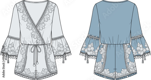 Women embroidered wrap romper fashion technical drawing, bell sleeve lace trim playsuit, front back view, cad drawing flat vector illustration