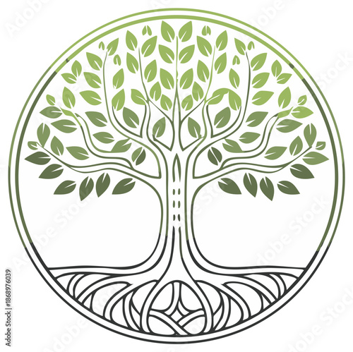 Ornate tree with roots symbol in a circle concept illustration ecology and nature theme
