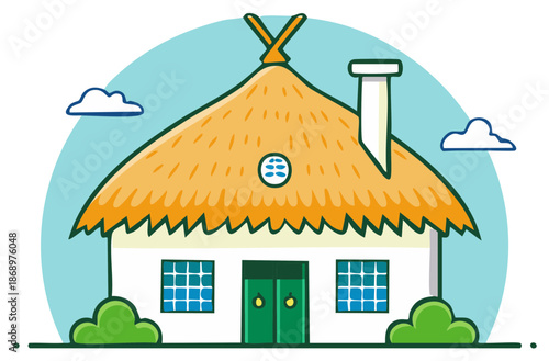 Whimsical Traditional House Vector Art with Thatched Roof and Cozy Design