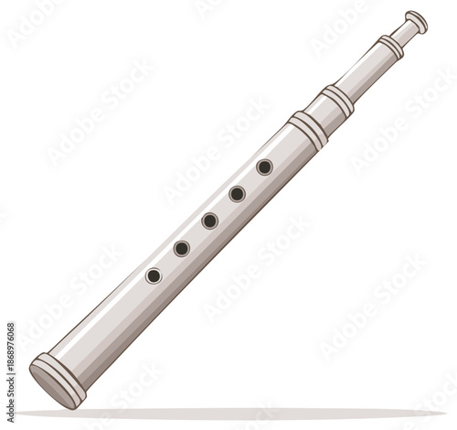 Vector illustration of a traditional silver tin whistle or fife. Classic folk woodwind musical instrument.