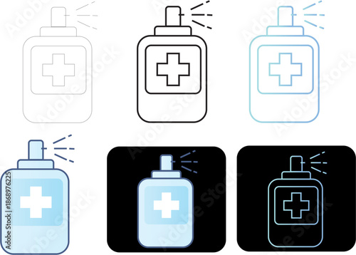minimalist vector icons depicting hand sanitizer spray bottles with a prominent medical cross symbol, for public health, hygiene, and disinfection applications